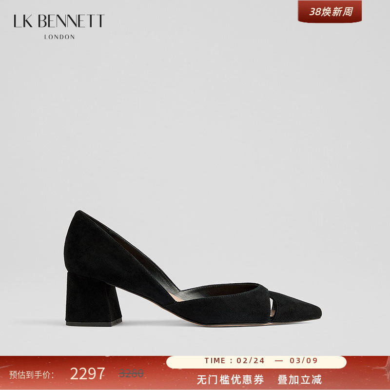 LK BENNETT黑色镂空高跟鞋女2025年春新款高级感粗跟真皮单鞋5.5