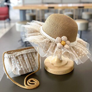 儿童草帽新款女孩沙滩草编蕾丝海边度假防晒遮阳帽法式公主帽子