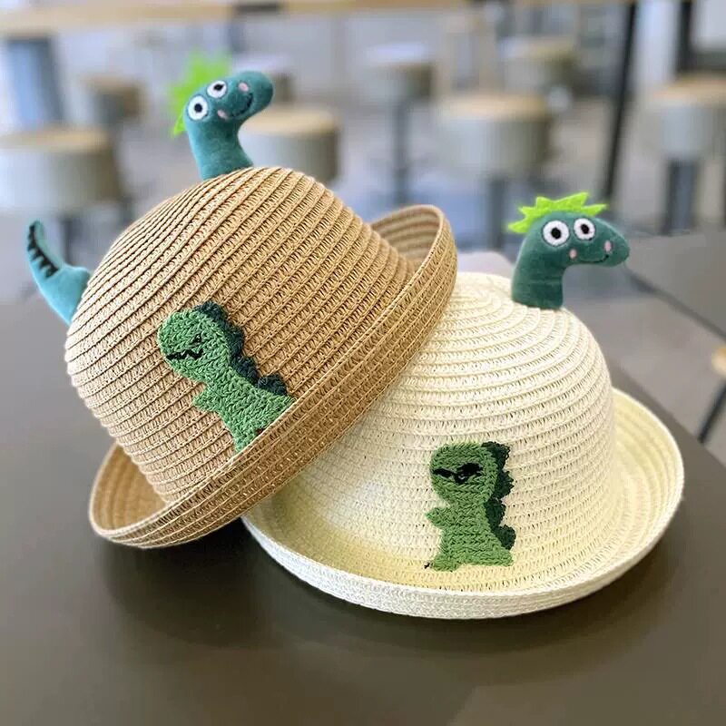 夏季儿童卷边卡通草编遮阳帽恐龙