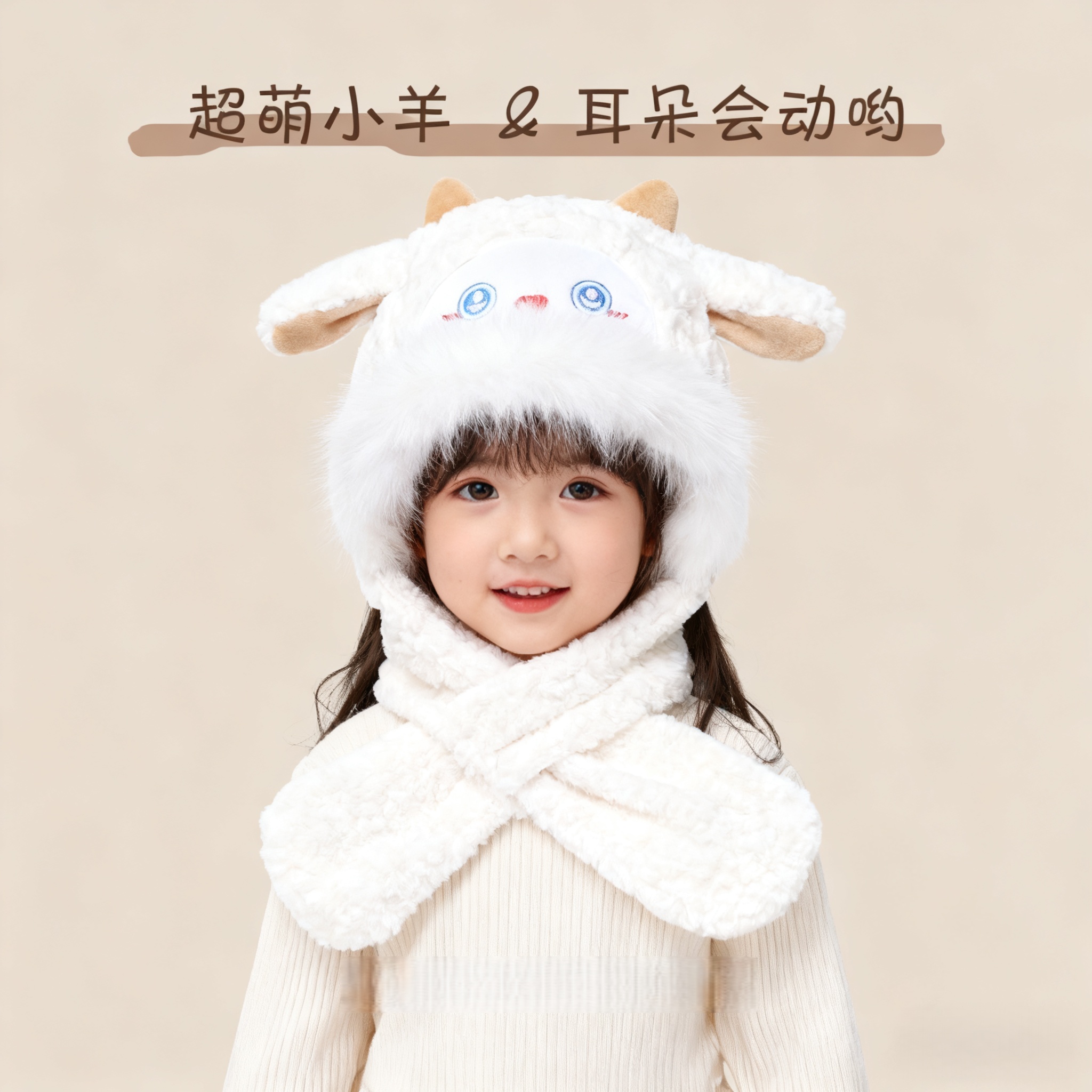 新款小羊耳朵会动儿童帽子围巾一体冬季男女童防风保暖加绒加厚