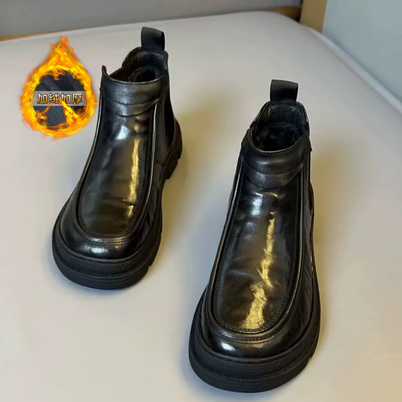 牛皮加绒加厚休闲棉鞋新款高帮男士黑色鞋加绒韩版休闲男皮鞋百搭