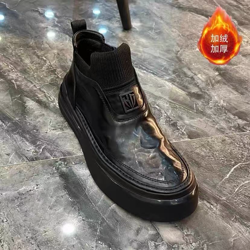 男士冬季加绒潮流一脚蹬水牛皮棉鞋厚底休闲时尚英伦风帅男鞋
