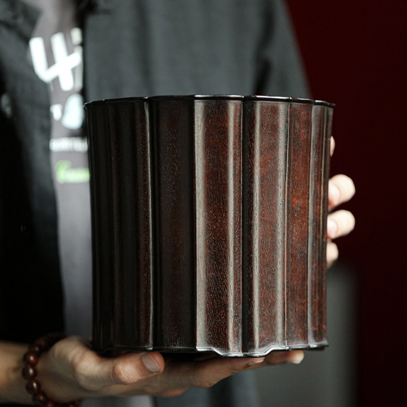 印度小叶紫檀木老料大葵口海棠口笔筒红木手工艺品书房书桌摆件