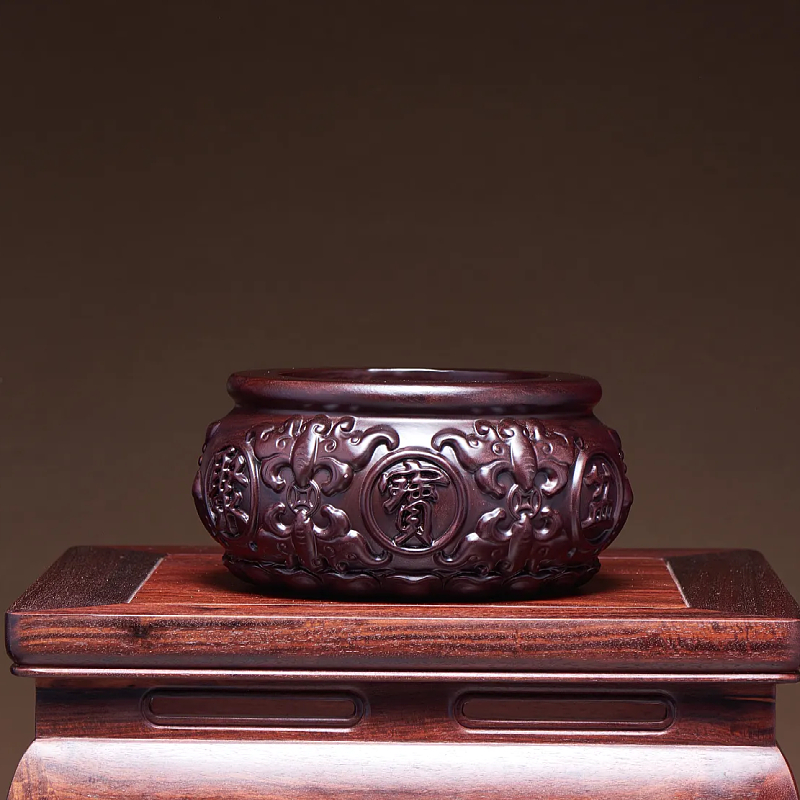 黑檀木聚宝盆中式摆件挖空雕刻