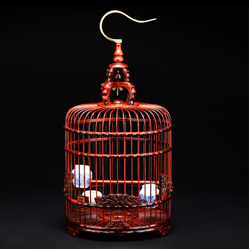 印度小叶紫檀竹节画眉鸟笼大号红木圆形八哥鸟屋送礼收藏中式摆件