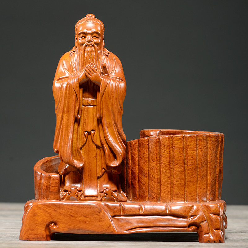 花梨木雕孔子笔筒摆件家居书房装饰实木质文房四宝雕刻笔筒工艺品