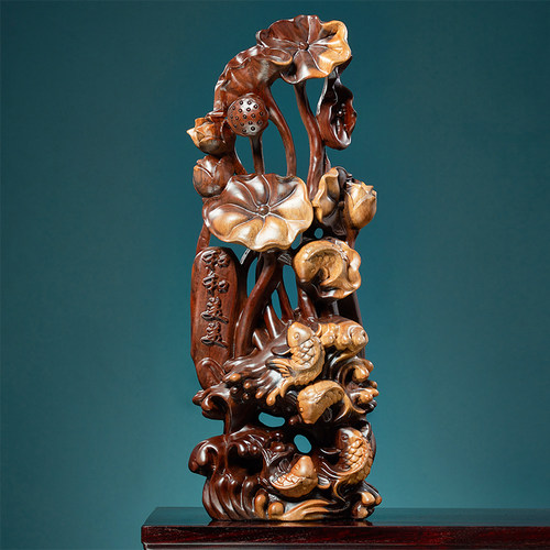 根雕年年有鱼摆件黑檀