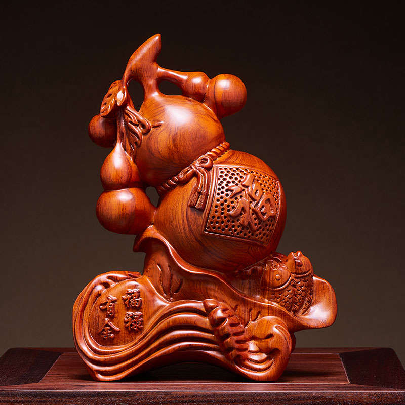 花梨木雕福禄有余葫芦摆件实木招财工艺品客厅办公室玄关搬家礼物