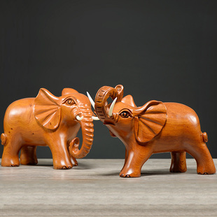 花梨木雕大象摆件一对实木雕刻工艺品家居客厅电视柜装 饰开业礼品