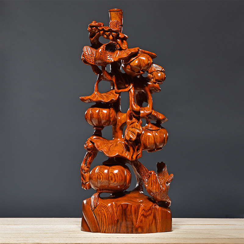 黄花梨木雕南瓜蔓藤摆件实木雕刻工艺品顶呱呱仿古家居装饰送礼品