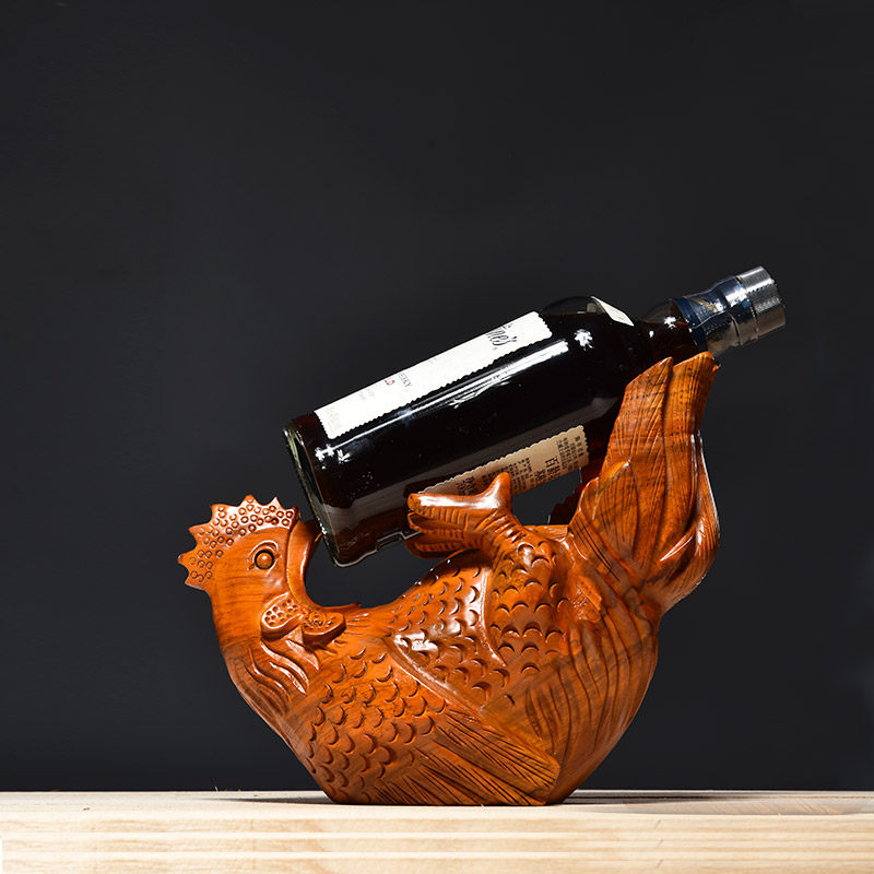 黄花梨木雕鸡酒托架摆件创意实木家用客厅红酒架葡萄酒架摆设送礼