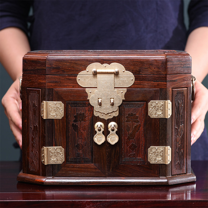 老挝大红酸枝木首饰盒红木中式复古珠宝箱实木梳妆箱陪嫁礼物带锁