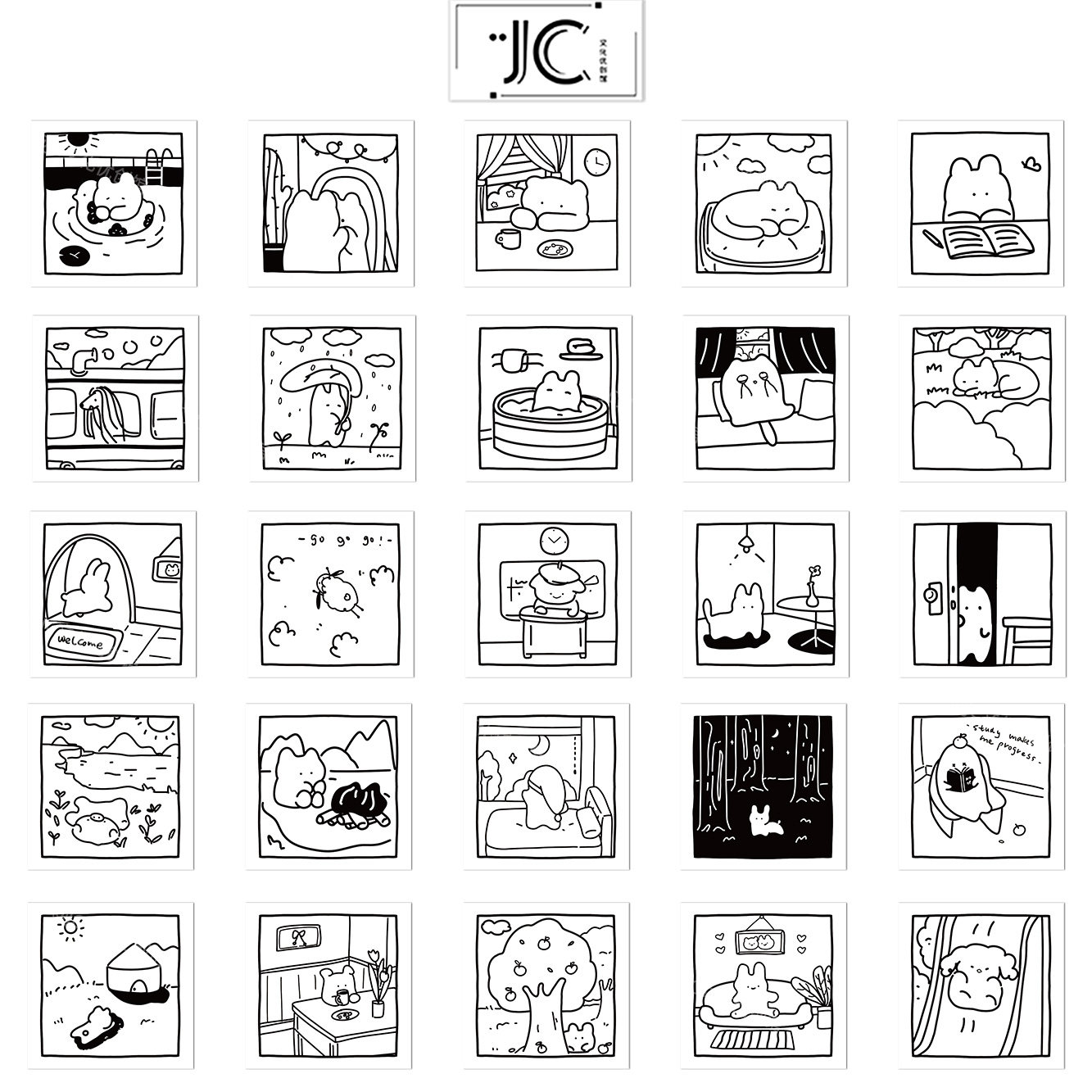 40张原创手绘黑白简笔画贴纸笔记本电脑手账本水杯手机壳装饰贴画