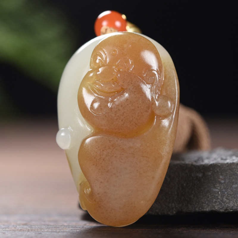 新疆大师谭琪俊作品和田玉且末料红糖白玉笑佛弥勒佛挂件24.92克