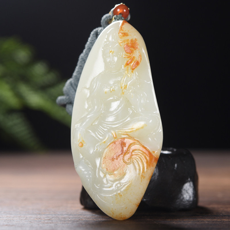 新疆大师冯立辉作品和田玉籽料白玉普贤菩萨挂件66.94克