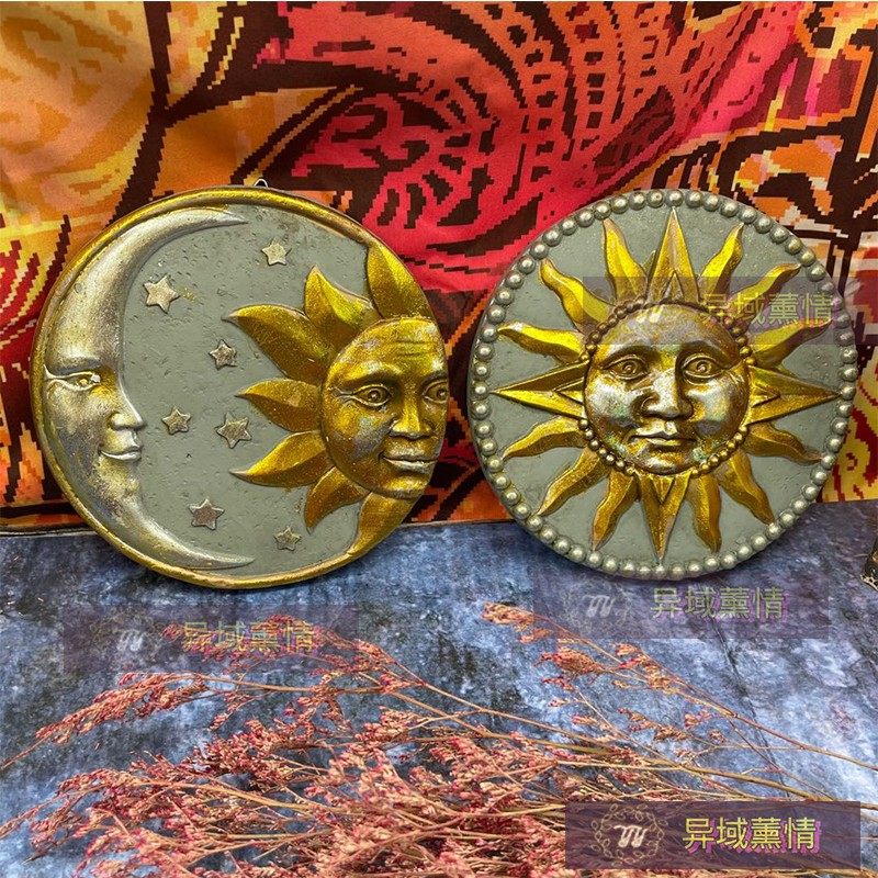 欧式复古做旧手绘摆件挂件太阳月亮装饰居家办公水泥花园客厅饰品