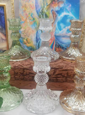 精致水晶玻璃烛台杆蜡花纹粉色