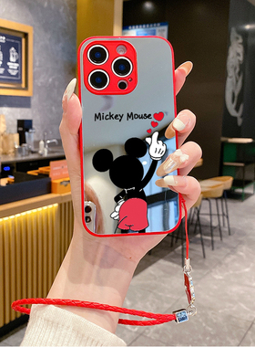 适用苹果16promax手机壳15plus补妆镜面ihpone14挂绳12pro新款iphon11套13网红xsmax防摔xs女x7xr米奇8plus