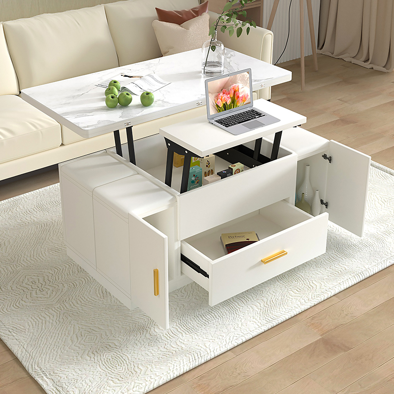 奶油风多功能升降茶几餐桌两用