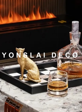 简约现代样板间客厅茶几托盘酒具摆件组合金钱豹雕塑桌面软装饰品