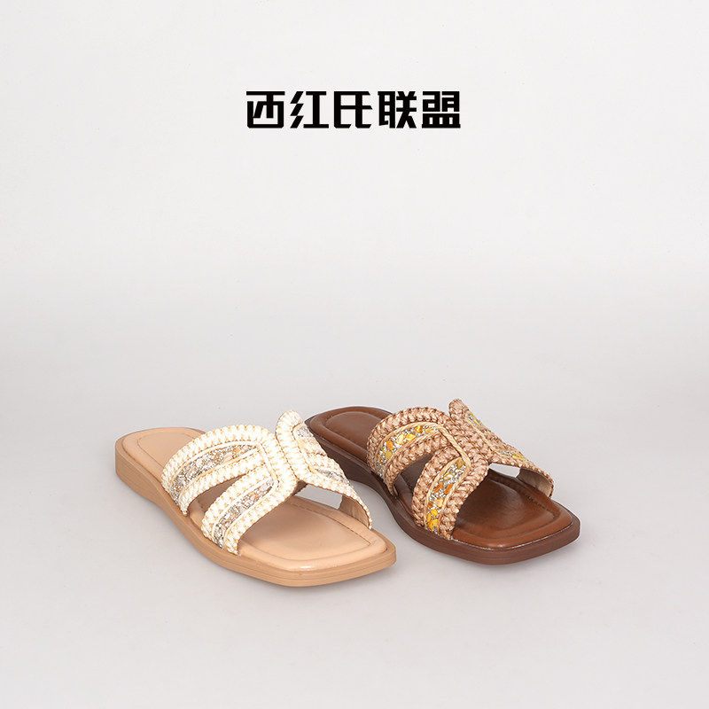 【西红氏联盟】度假风~26夏新时尚百搭外穿闪钻拼接沙滩一字拖