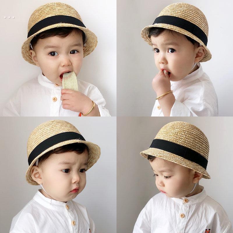 韩国婴幼儿草帽夏季宝宝可爱圆顶礼帽男女圆顶遮阳沙滩帽子潮