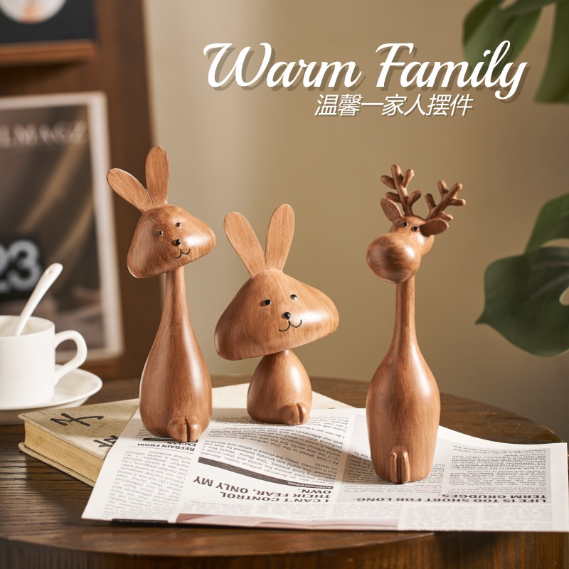 中古风一家三口摆件复古高级感小众玄关装饰品艺术客厅电视柜软装