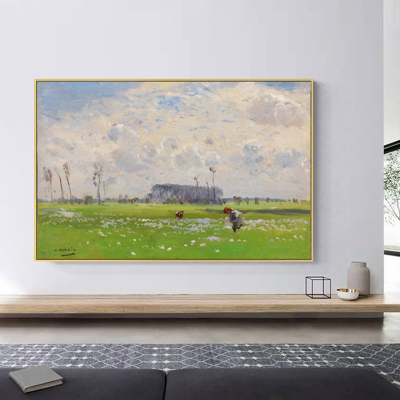 春天的郊野印象派装饰画风景沙发背景客厅挂画餐厅绿色抽象艺术画