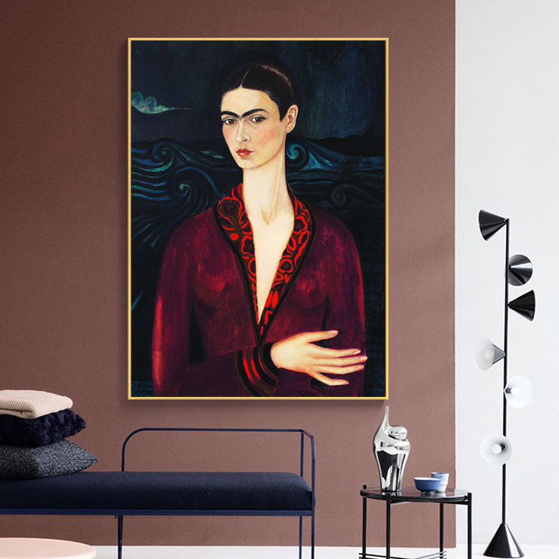 弗里达卡罗 穿天鹅绒的自画像 古典人物抽象装饰画小众艺术画挂画