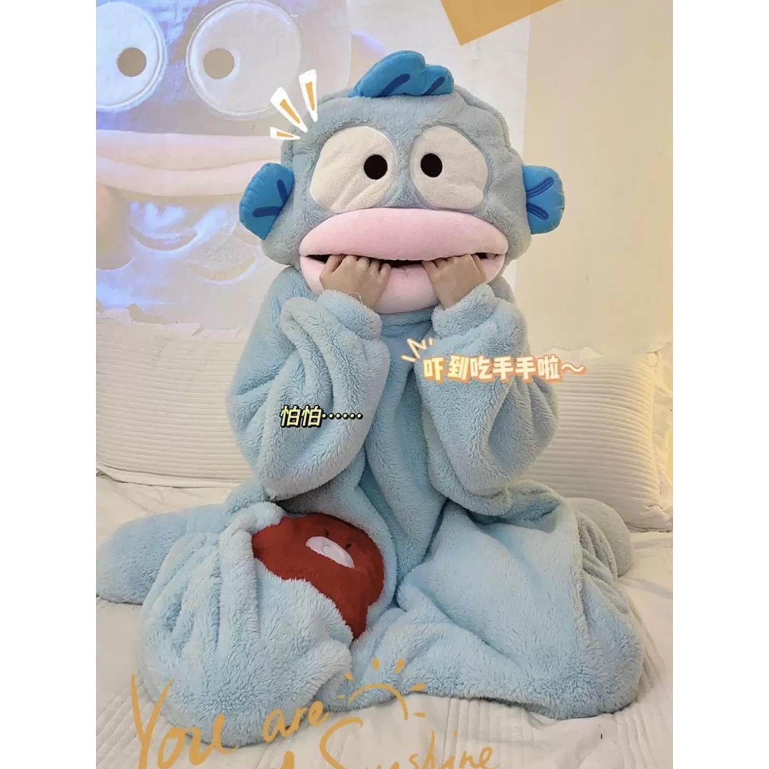 卡通汉顿丑鱼女式连体睡衣珊瑚绒加厚温暖秋冬情侣睡衣长男人有趣