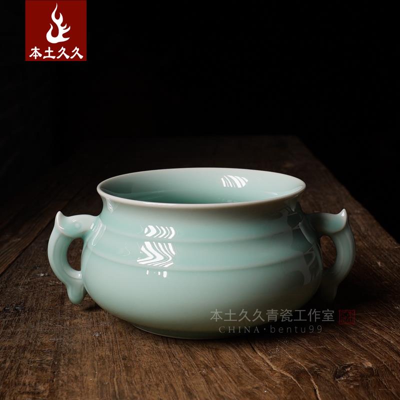 张健龙泉青瓷香炉 弟窑粉青双耳炉佛堂用具线香盘香炉熏炉 鱼耳炉
