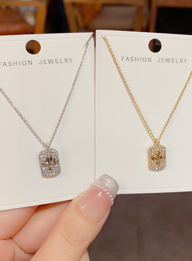 「YU心」轻奢百搭小众时尚设计感超闪满钻方牌项链
