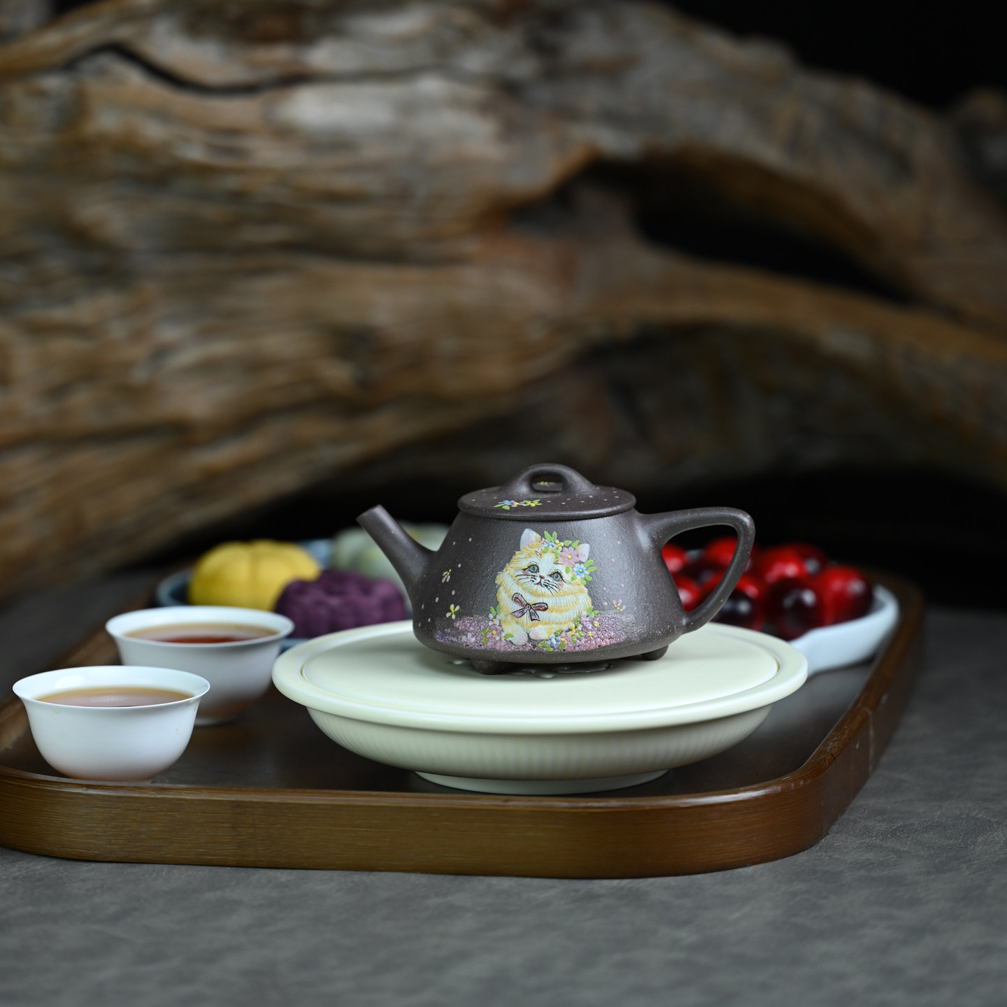 宜兴紫砂壶原矿紫泥纯手工泥绘猫咪石瓢自用功夫泡茶壶茶具150ML