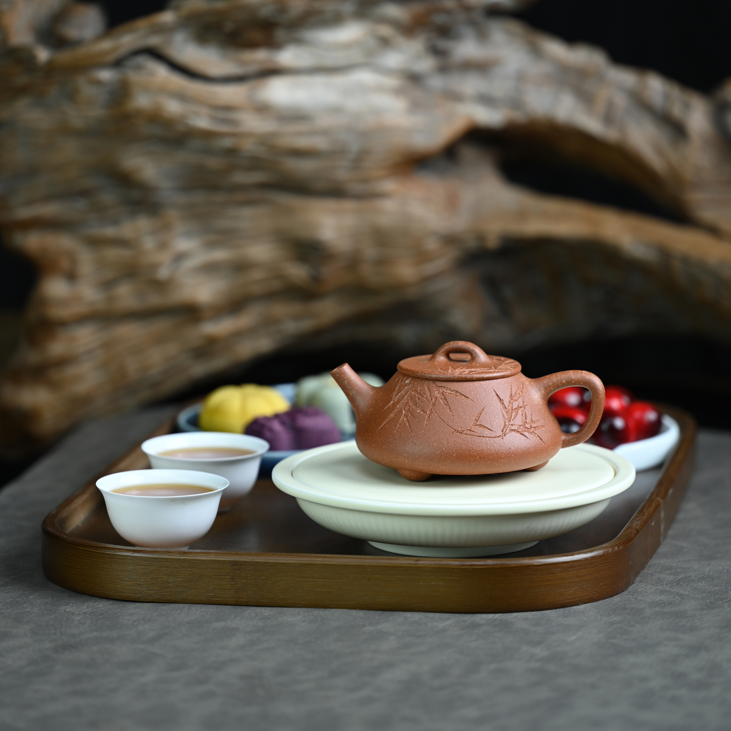 宜兴紫砂壶原矿降坡泥竹叶石瓢全手工竹叶刻绘家用功夫茶具 200ml