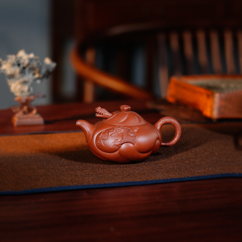 宜兴紫砂壶原矿朱泥鱼化龙纯全手工网孔纯手工中式功夫茶具 200ml