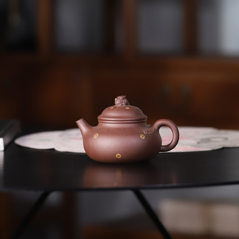 工艺师名家原矿老紫泥纯手工描金金蟾壶190ML宜兴紫砂壶茶壶茶具
