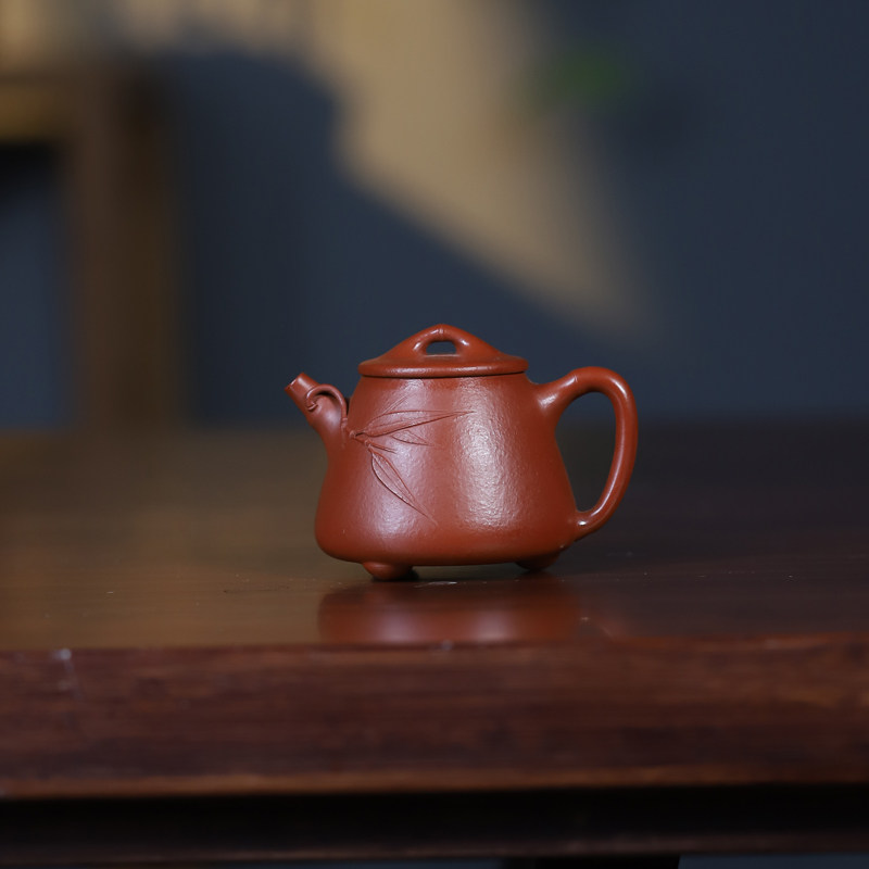 正宗原矿朱泥纯手工竹节高石瓢150ML中式功夫茶壶茶具宜兴紫砂壶