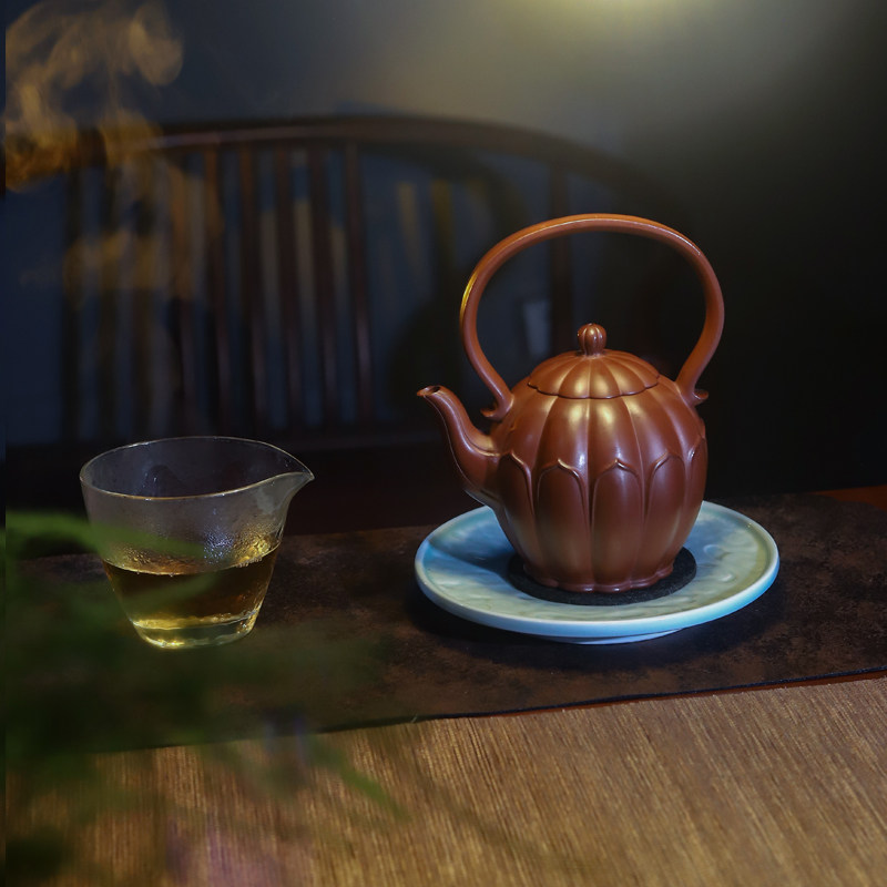 名家工艺师宜兴紫砂壶原矿小红泥莲花提梁全手工泡茶具茶器 500ml