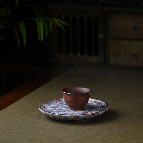 伯元中式刻绘紫砂原矿祥云缸杯
