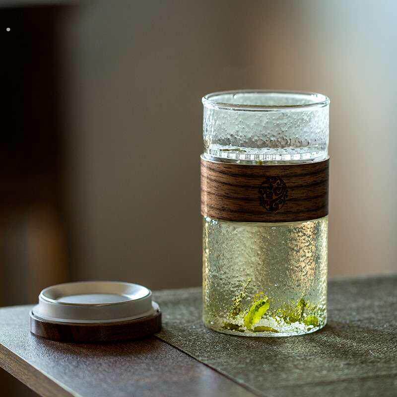 小号日式锤纹月牙个人杯办公室带过滤木盖茶杯家用耐热玻璃泡茶杯