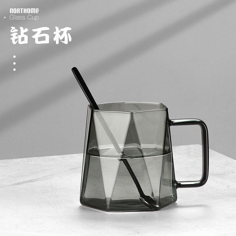 黑钻石玻璃杯马克杯咖啡杯子带勺把手耐高温轻奢玻璃办公室水杯