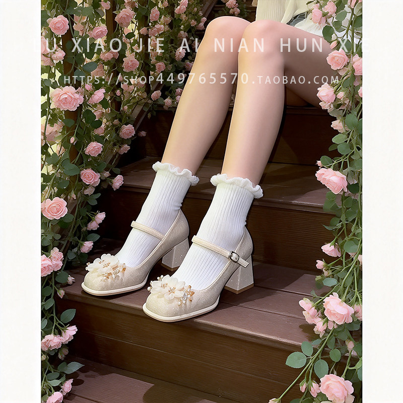 花卉玛丽珍高跟鞋女粗跟仙女古风旗袍禾秀婚纱两穿婚鞋新娘鞋子,女鞋,浅口单鞋,淘宝优惠券,粉丝福利购,淘宝优惠卷