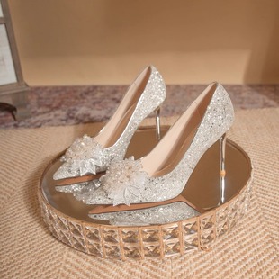 禾秀主婚纱两穿新娘水晶伴娘鞋 女细跟香槟色订婚鞋 绝美高跟鞋 法式
