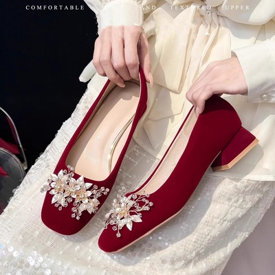 花朵平时可穿玛丽珍高跟鞋酒红色