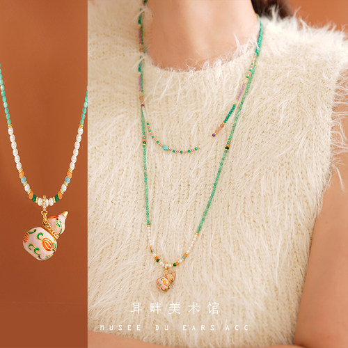 A珐琅彩小葫芦毛衣项链女长款