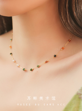 A天然石串珠精致叠戴细项链女法式复古锁骨链choke闺蜜礼物轻奢