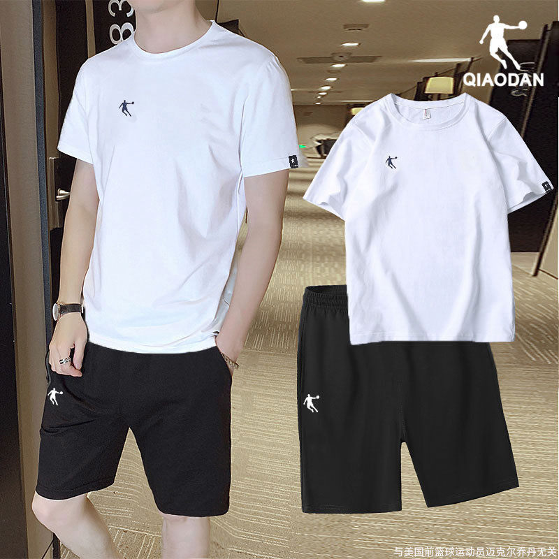 乔丹运动套装男士2025夏季冰丝薄款透气健身服短袖短裤跑步两件套