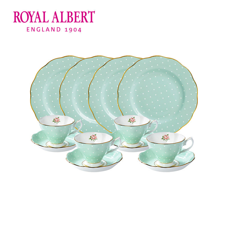 Royal Albert皇家阿尔伯特波尔卡绿玫瑰 咖啡杯茶杯点心盘套装
