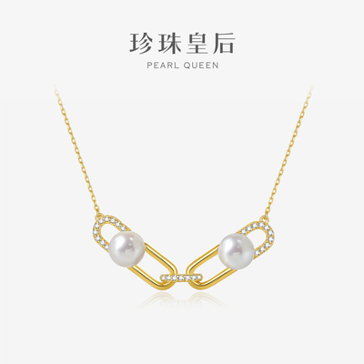 珍珠皇后 S925银8-9mmAkoya海水珍珠双珠回形针项链
