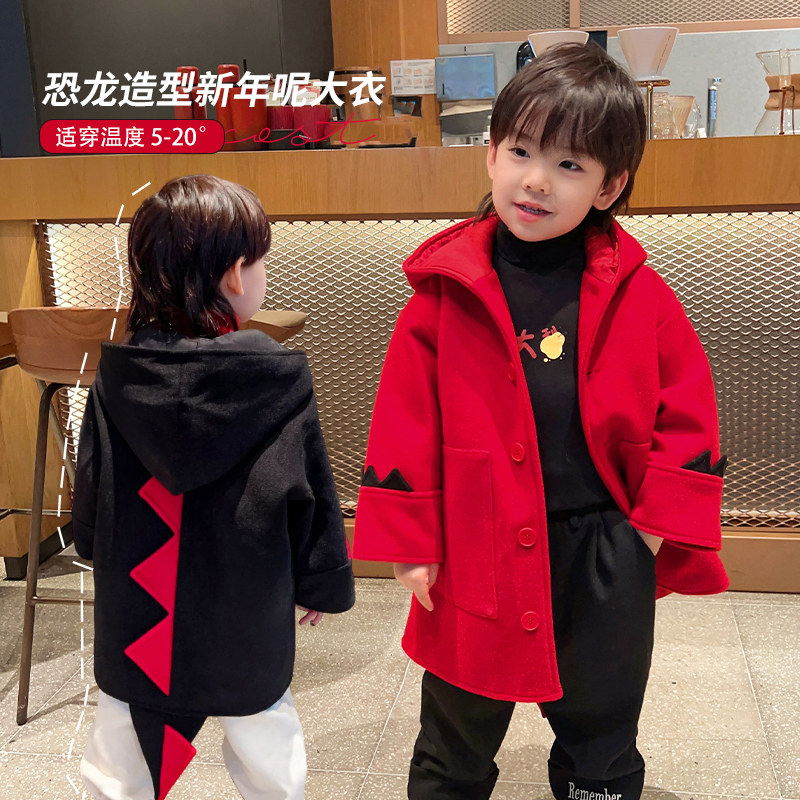 小o宝okids男童外套2025冬季新款韩版夹棉恐龙连帽毛呢大衣外套
